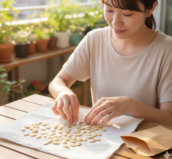 スーパーで買ったかぼちゃの種を植える準備